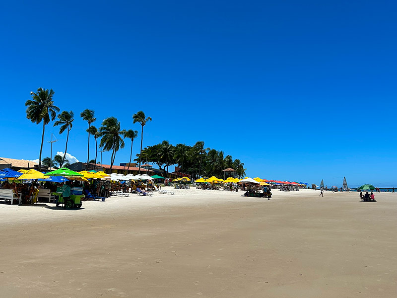 Areias de praia em Alagoas com guarda-sóis e barracas em dia de céu azul