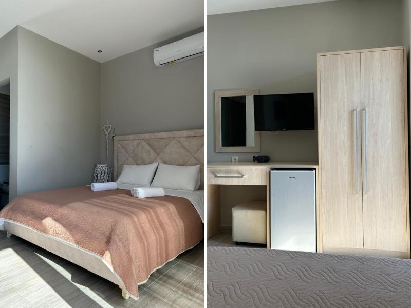 Montagem mostra quarto do Endless Blue, dica de onde ficar em Himara, com cama de casal, TV e fribobar