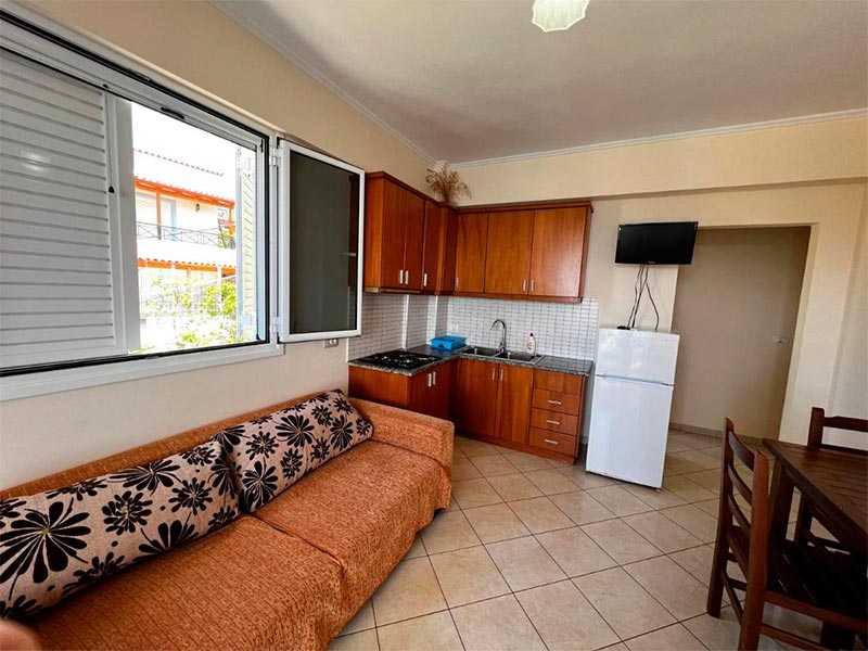 Parte da acomodação do Fane's Apartaments com cozinha equipadas e sofá