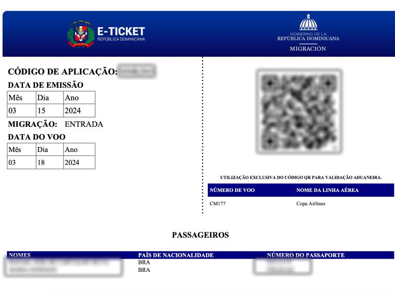 E-Ticket preenchido para imigração na República Dominicana, exigido junto do passaporte em Punta Cana