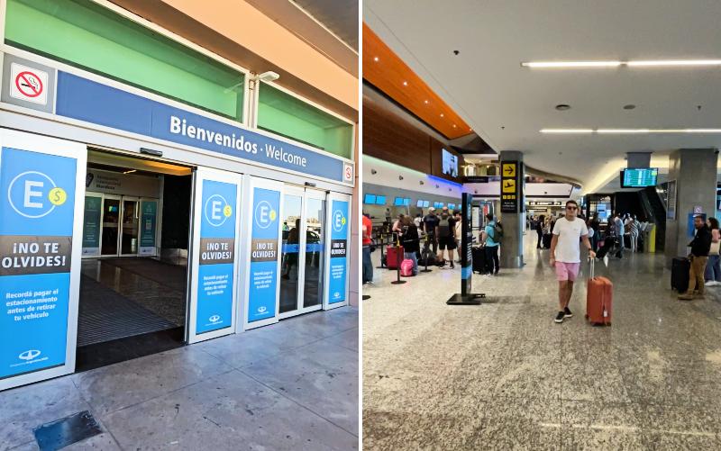 Montagem com imagem da entrada do aeroporto de Mendoza e do saguão