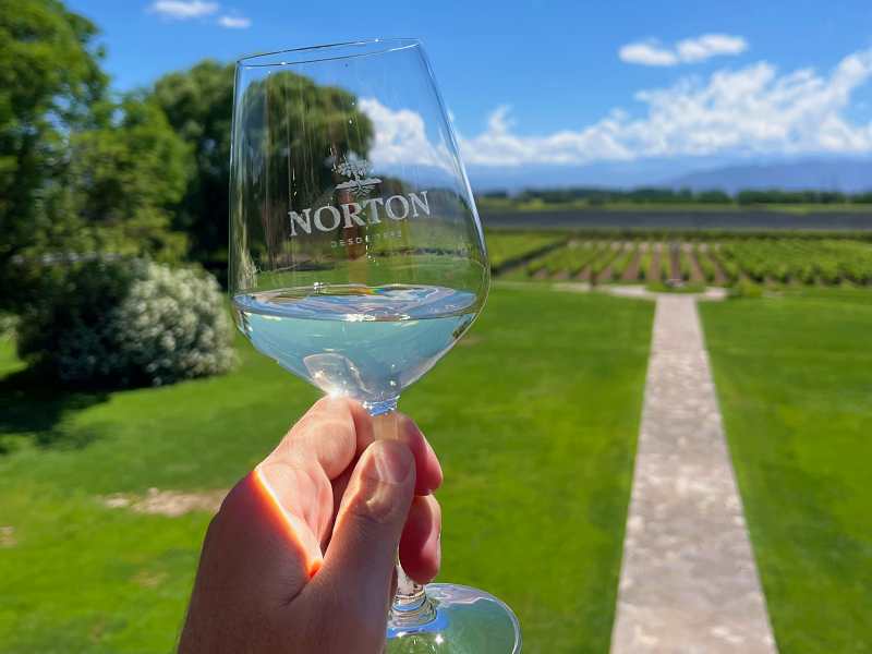 Mão segura taça de vinho na Bodega Norton - Quando ir para Mendoza, na Argentina?